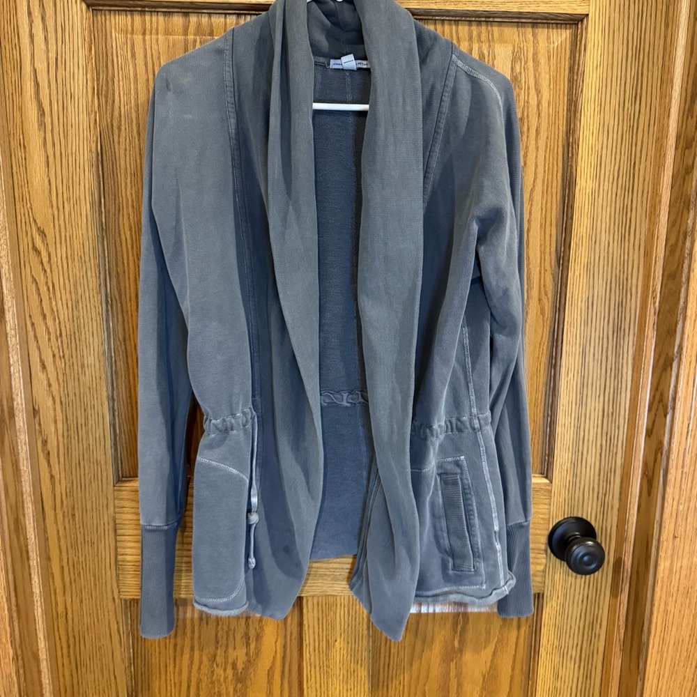 James Perse Shawl Collar Drawstring Gray Mineral Wash Cardigan. Large